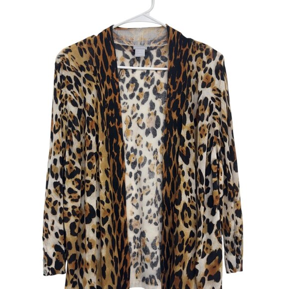 Chicos SZ 2 Leopard Print Open Front Cardigan Sweater Womens Size L 3/4 Sleeve - Picture 9 of 11